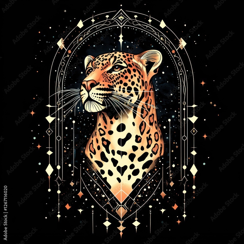 Naklejka premium Abstract jaguar portrait, celestial frame, mystical art, for wall decor, apparel