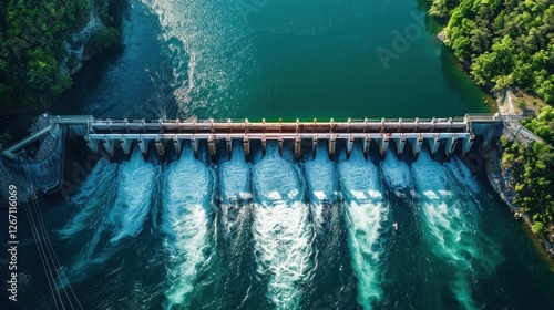 Aerial View of a Large Dam and Water Release in a Scenic River Landscape Surrounded by Lush Green Forests