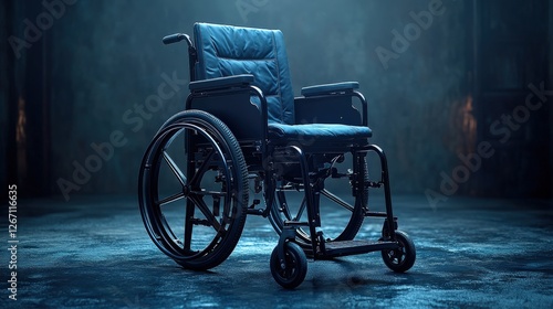A solitary wheelchair positioned in a dimly lit room, evoking themes of mobility and solitude