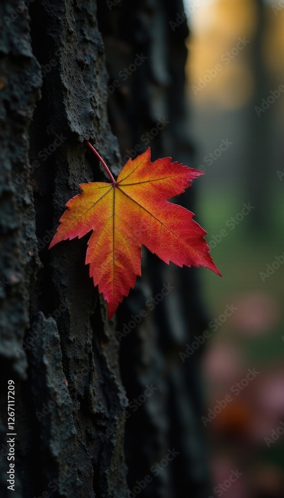 Single leaf clings to a desiccated trunk on dark surface, autumnal colors, dead plants Single leaf clings to a desiccated trunk on dark surface, autumnal colors, dead plants