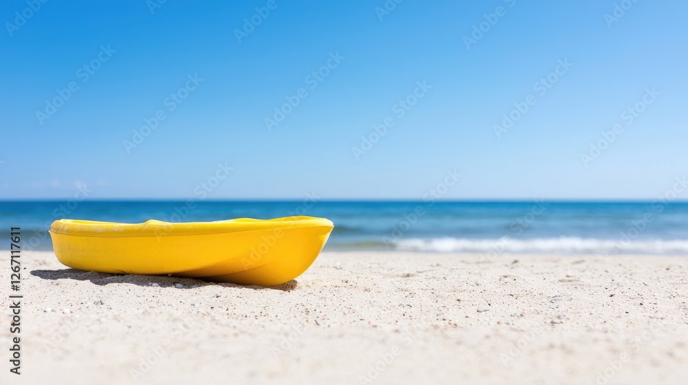 Yellow Kayak on Beach; Sunny Day; Vacation; Relaxing Yellow Kayak on Beach; Sunny Day; Vacation; Relaxing