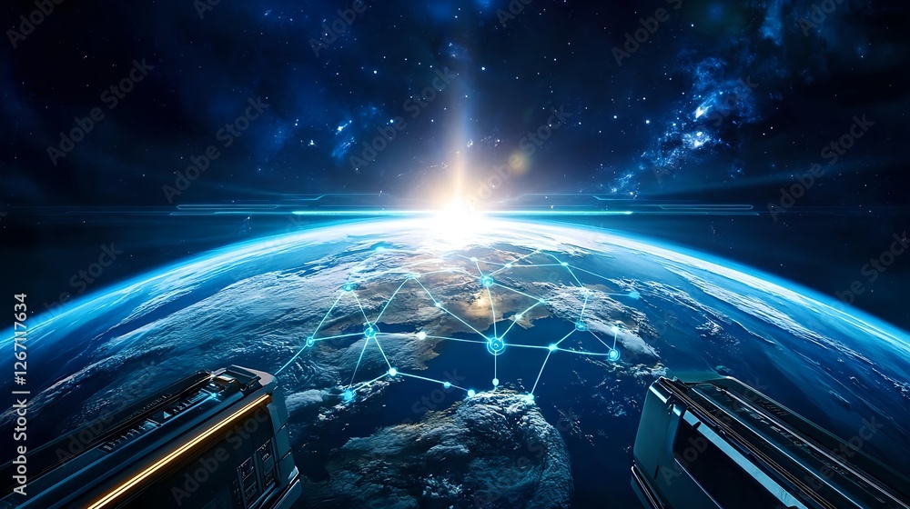 Fototapeta premium Global Network Connection, Earth Sunrise - Futuristic technology
