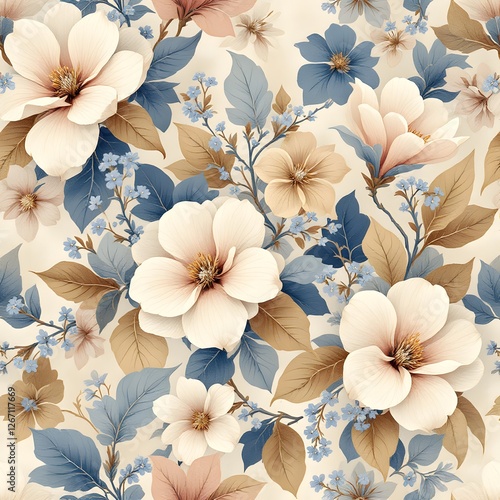 Elegant Pastel Floral Pattern With Blue and Cream Toned Flowers and Leaves