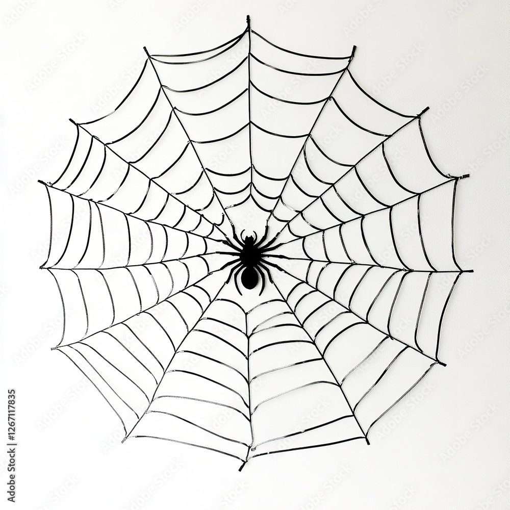 Obraz premium Black Spider Halloween Decoration on a Detailed Web Spooky Creepy Decoration for Party Autumn Festive Season Design Element Black and White Contrast 