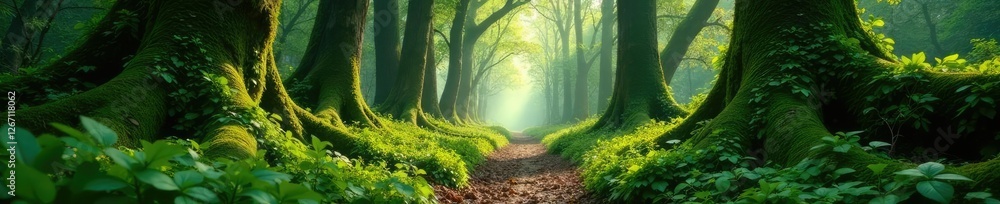 Fototapeta premium overgrown forest path, vines and moss covering ancient trees, woodland scenery, vines on trees, forest floor details