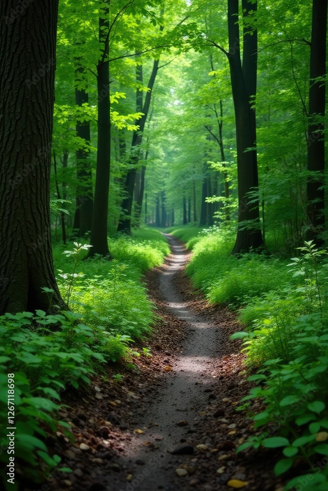 Fototapeta premium Muddy forest path winding through dense trees, woods, greenery
