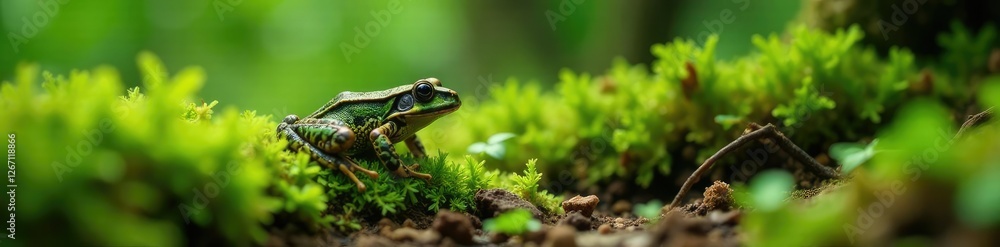 Mossy forest floor, toad hiding among ferns and roots, moss, greenery, camouflage Mossy forest floor, toad hiding among ferns and roots, moss, greenery, camouflage