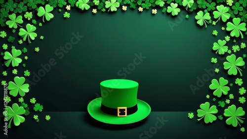 St. Patrick's Day green theme background wallpaper with lucky clover leaves. Highly detailed image with space in the center for editing. Vibrant and Dynamic Wallpaper