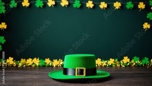St. Patrick's Day green theme background wallpaper with lucky clover leaves. Highly detailed image with space in the center for editing. Vibrant and Dynamic Wallpaper