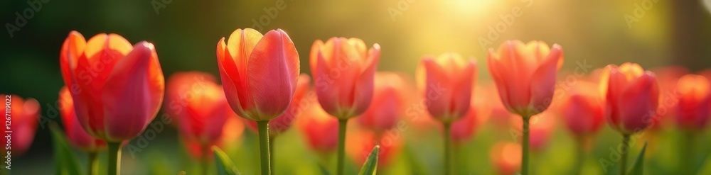 Morning light highlighting tulips swaying gently, flower, dewy, foliage Morning light highlighting tulips swaying gently, flower, dewy, foliage