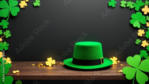 St. Patrick's Day green theme background wallpaper with lucky clover leaves. Highly detailed image with space in the center for editing. Vibrant and Dynamic Wallpaper