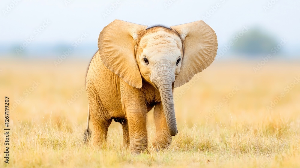 Fototapeta premium Baby elephant walking in savanna grassland