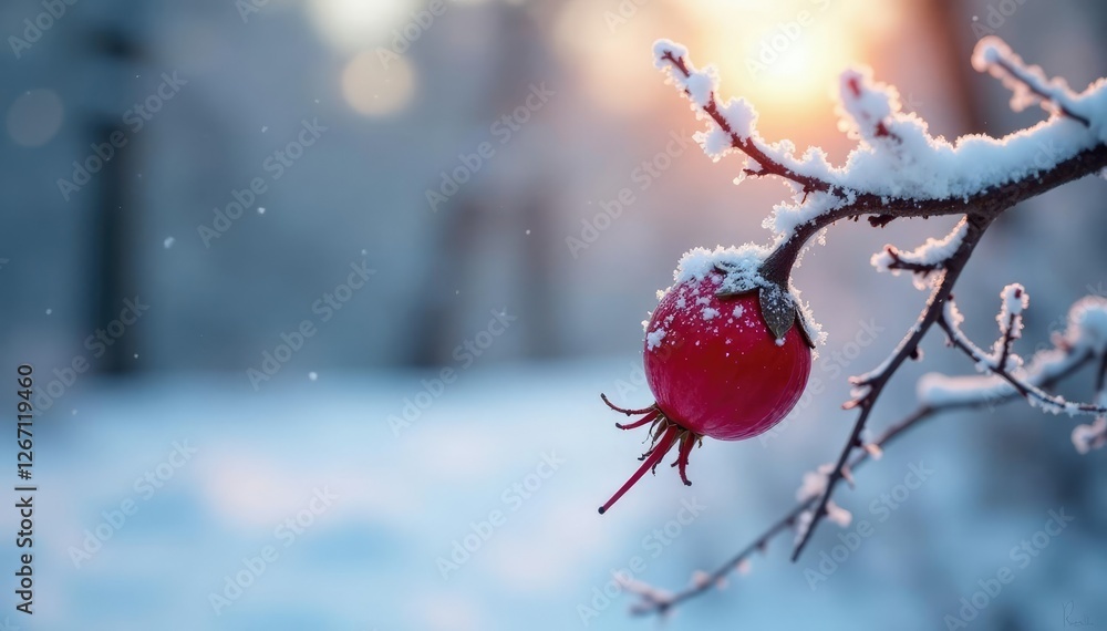 Frozen rosehip and branches in snowy landscape, frozen, frost effects, frost Frozen rosehip and branches in snowy landscape, frozen, frost effects, frost
