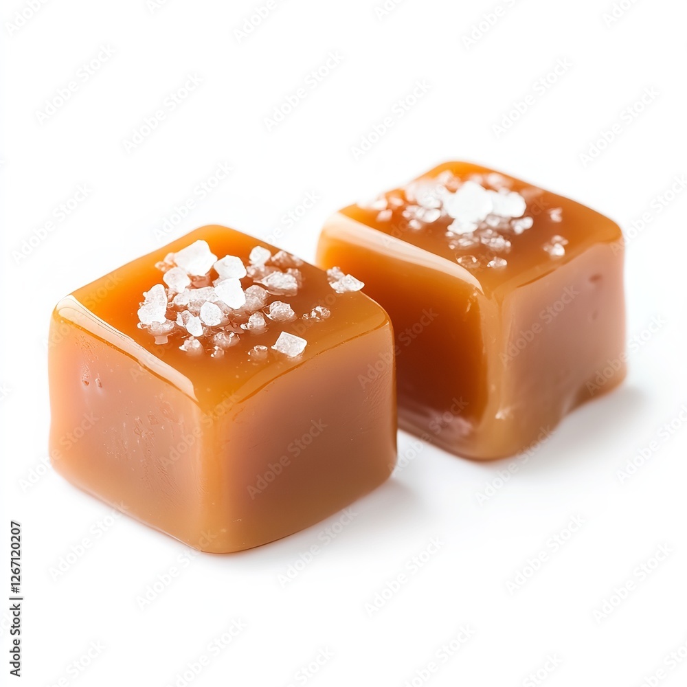 Delicious Gourmet Salted Caramel Candy Cubes Sweet Treats Brown Sugar Confectionery Dessert Food Photography Studio Shot Background White Rich Salty Delicious Gourmet Salted Caramel Candy Cubes Sweet Treats Brown Sugar Confectionery Dessert Food Photography Studio Shot Background White Rich Salty