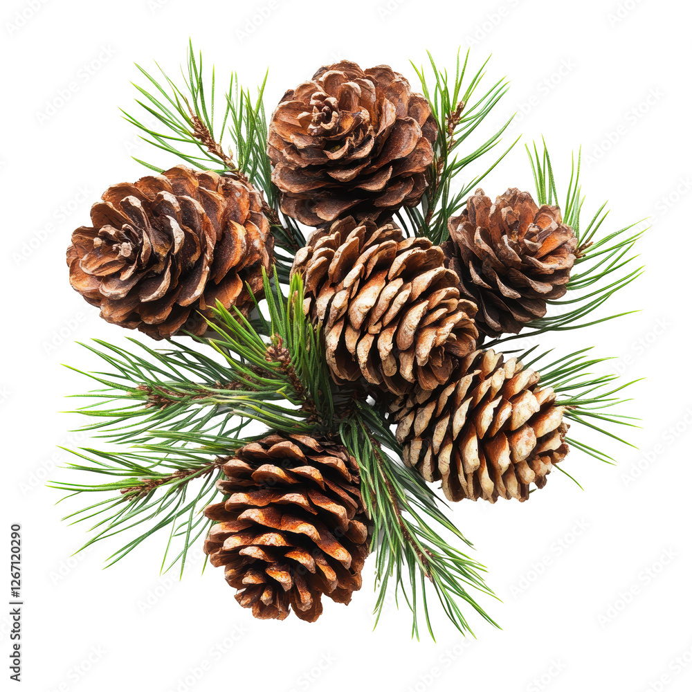 Isolated Grouping of Pine Cones with Green Pine Branches Isolated Grouping of Pine Cones with Green Pine Branches