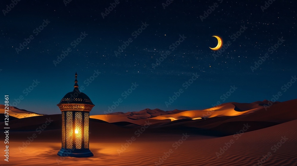 A beautifully crafted Arabic lantern casts a warm glow in the tranquil desert, surrounded by undulating sand dunes A beautifully crafted Arabic lantern casts a warm glow in the tranquil desert, surrounded by undulating sand dunes