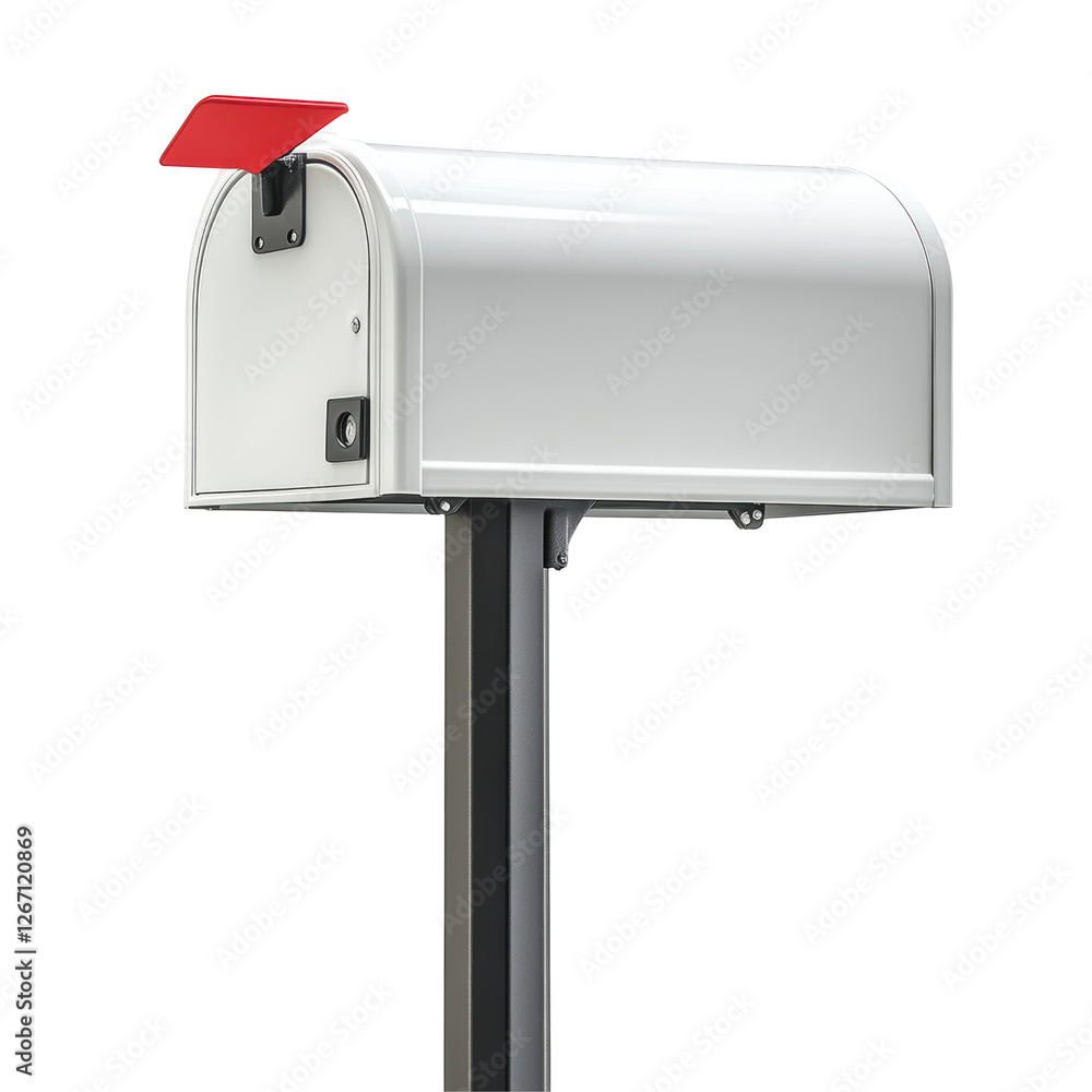 Isolated White Mailbox with Red Flag Up Isolated White Mailbox with Red Flag Up