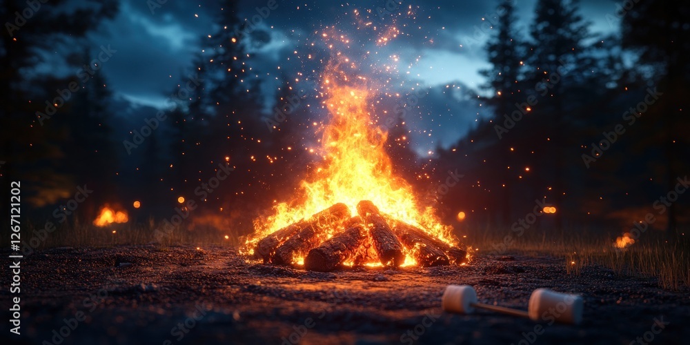 Night Campfire Scene: Embers Glow in the Dark Forest Night Campfire Scene: Embers Glow in the Dark Forest