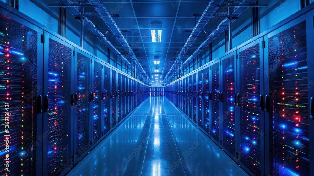 Modern Data Center Corridor with Bright Lights and High-Tech Servers in Upscale Industry Environment Modern Data Center Corridor with Bright Lights and High-Tech Servers in Upscale Industry Environment