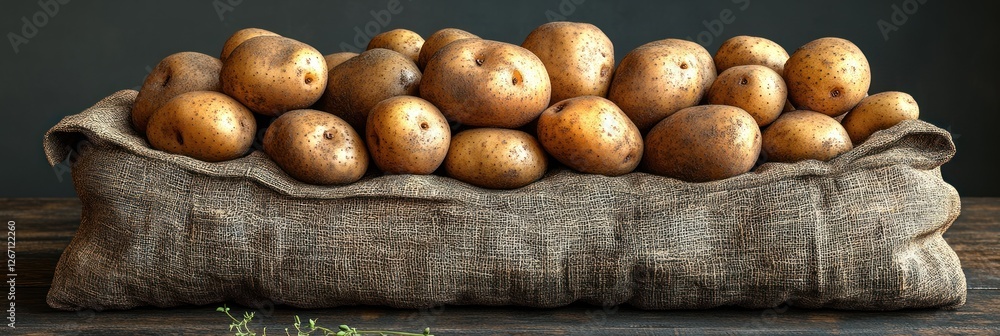 Rustic Still Life: A Burlap Sack Overflowing with Golden Potatoes Rustic Still Life: A Burlap Sack Overflowing with Golden Potatoes