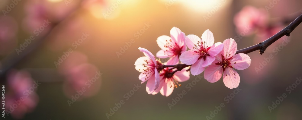 Obraz premium Delicate hawthorn blossoms on a bare branch with morning light filtering through, delicate petals, springtime scenery, flowers of spring