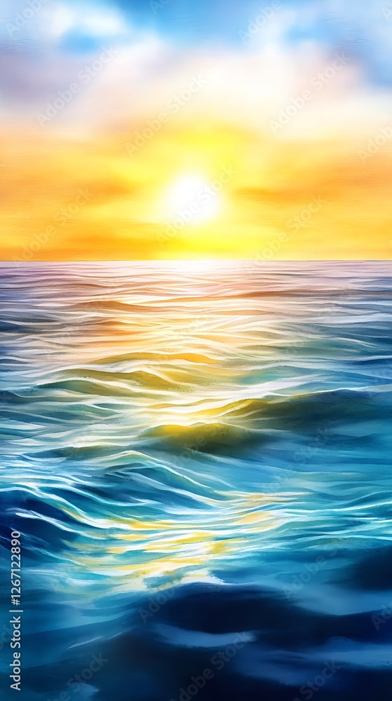 Obraz premium Serene Ocean Sunset, Water Painting - Vibrant color palettes