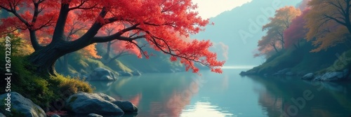 Delicate branches of sumie tree over calm rock river, sumie art, nature landscapes, peaceful waters photo