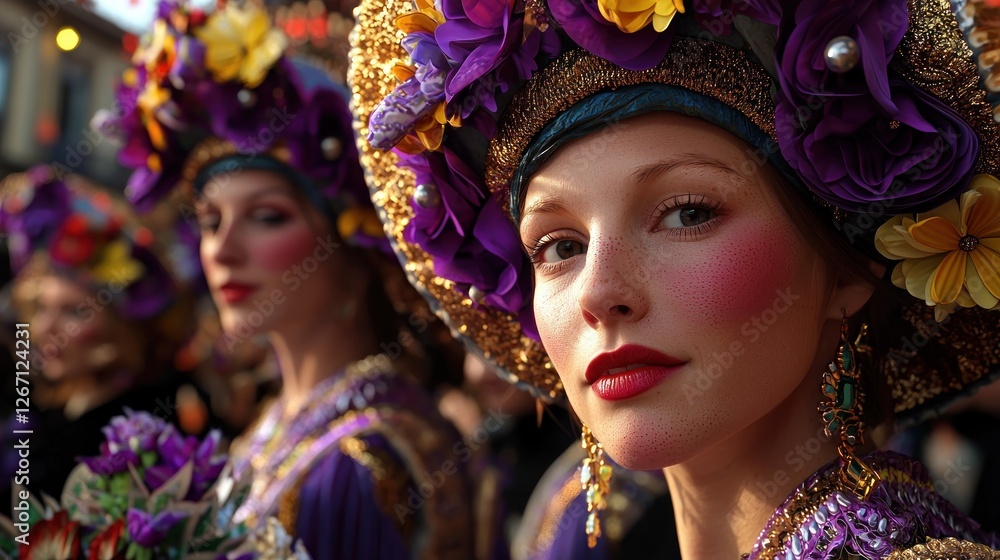 Festival parade, women in elaborate floral hats, city street background, close-up Festival parade, women in elaborate floral hats, city street background, close-up