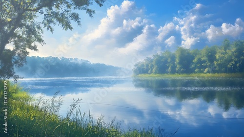 Tranquil River Scene with Lush Green Trees and a Blue Sky