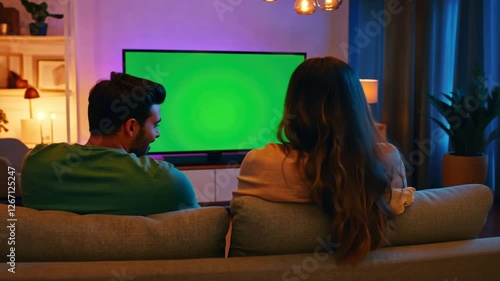 Cozy Night In: A young couple snuggles up on the sofa in a warm living room, enjoying a movie night in front of a large flat-screen television, creating a relaxed and intimate atmosphere.