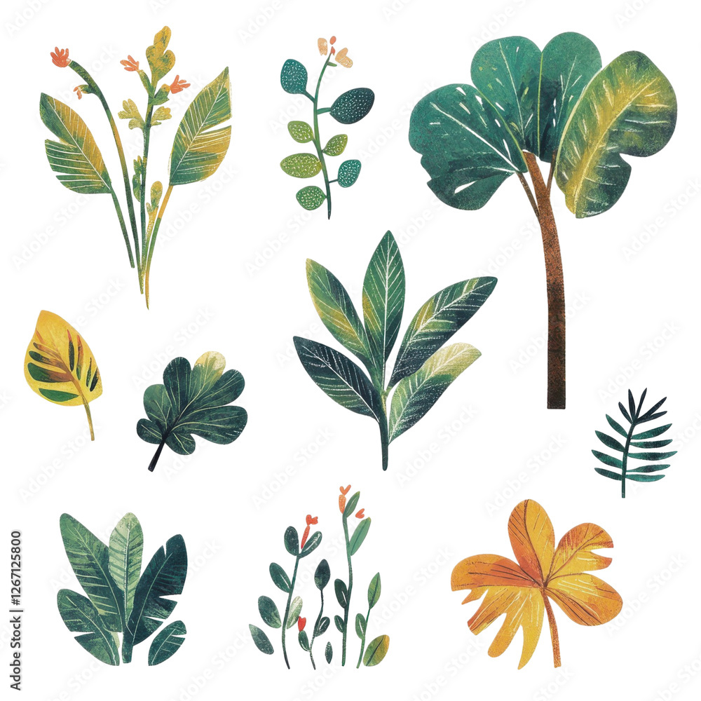 Diverse collection of tropical leaves and plants in a colorful botanical illustration displayed on a white background Diverse collection of tropical leaves and plants in a colorful botanical illustration displayed on a white background