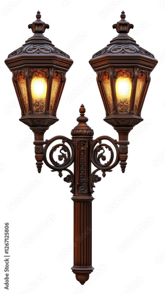 Isolated Antique Bronze Double Lantern Streetlight with Ornate Details Isolated Antique Bronze Double Lantern Streetlight with Ornate Details
