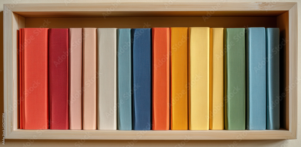 A close-up of a shelf featuring neatly arranged books with colorful spines, highlighting a variety of hues and textures A close-up of a shelf featuring neatly arranged books with colorful spines, highlighting a variety of hues and textures