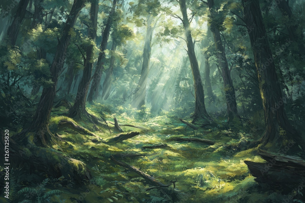 Sunlit forest path, mossy ground, dappled light, mystical woods, game background Sunlit forest path, mossy ground, dappled light, mystical woods, game background