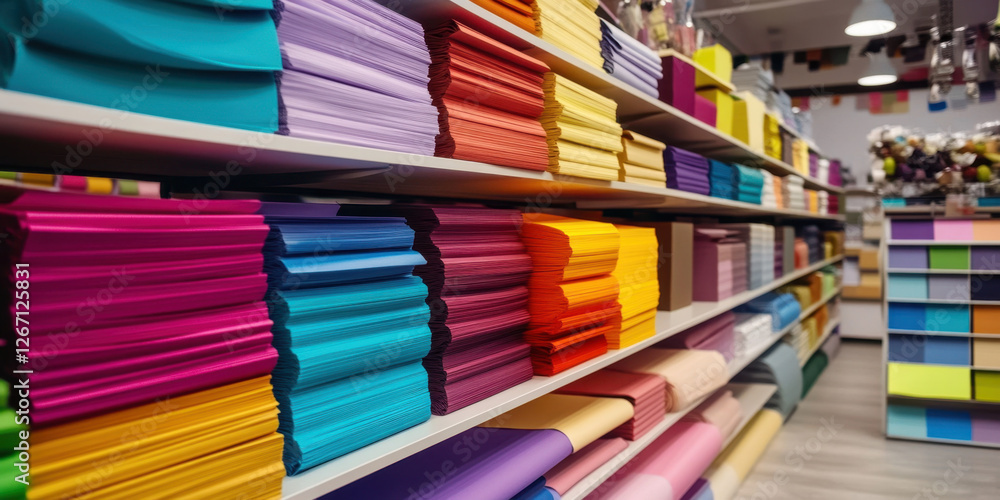 Brightly colored shelves display an array of paper in various hues, creating an inviting atmosphere for creative projects Brightly colored shelves display an array of paper in various hues, creating an inviting atmosphere for creative projects