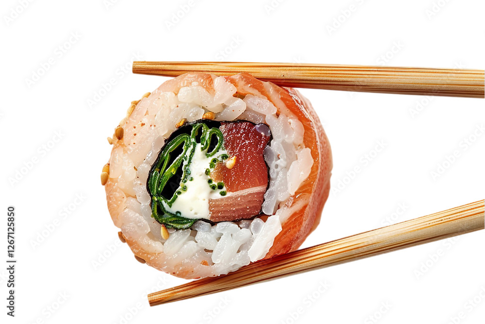 A close-up of a sushi roll being held with a chopstick on a clear background for external use, Generative AI. A close-up of a sushi roll being held with a chopstick on a clear background for external use, Generative AI.