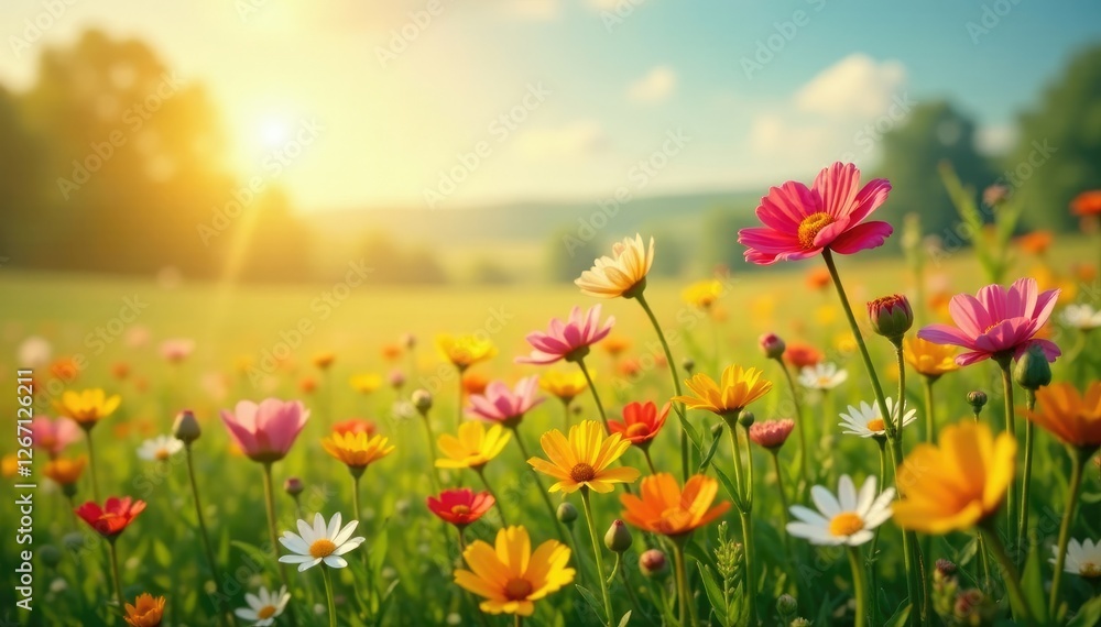 Sunlit field of wildflowers swaying in breeze, flowers, meadow Sunlit field of wildflowers swaying in breeze, flowers, meadow