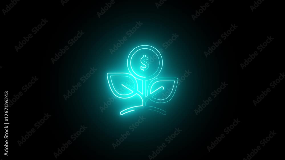 Glowing neon dollar plant icon – Business investment and financial growth animation on black background Glowing neon dollar plant icon – Business investment and financial growth animation on black background