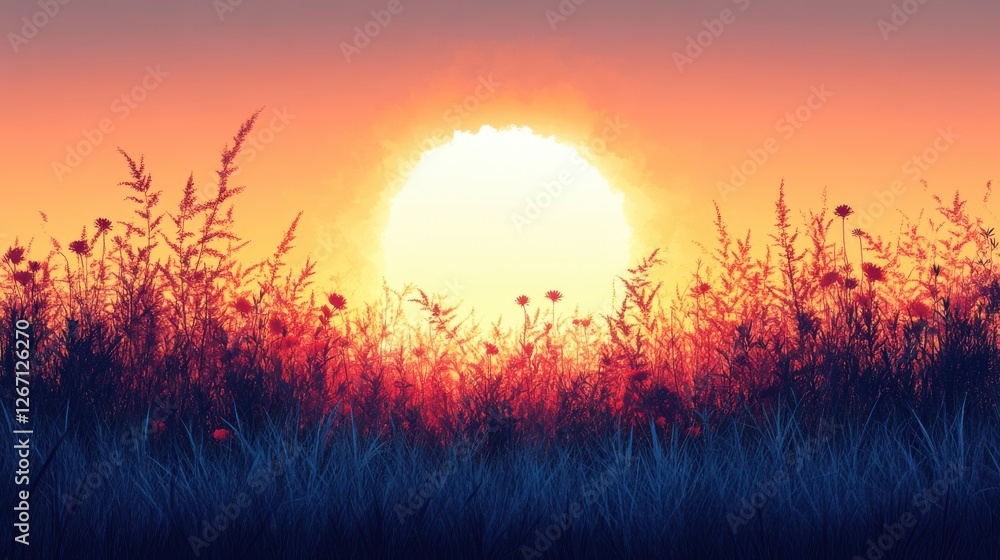 Fototapeta premium sunset on green grass field background