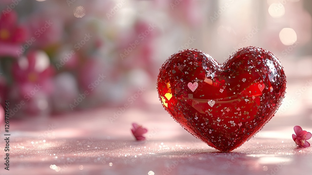 Fototapeta premium Sparkling red heart-shaped decoration surrounded by soft pink flowers and shimmering background