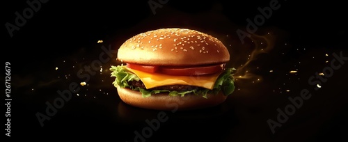 Juicy cheeseburger, dark background, gold splash, food ad photo