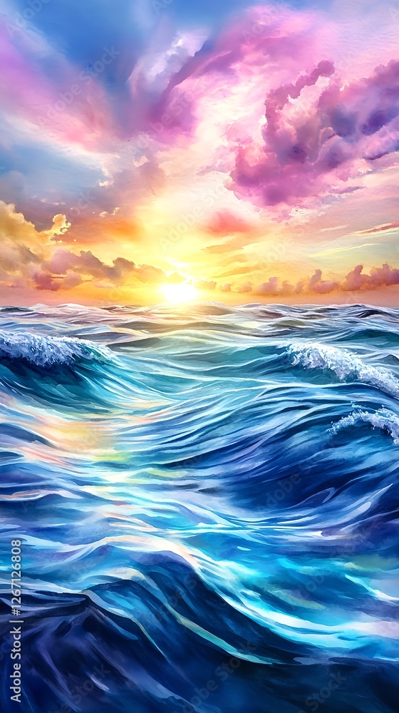 Obraz premium Vibrant Ocean Sunset, Colorful Waves - Painterly