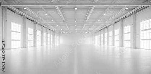 The white room features a concrete floor and expansive windows  offering ample natural light for creative or professional endeavors