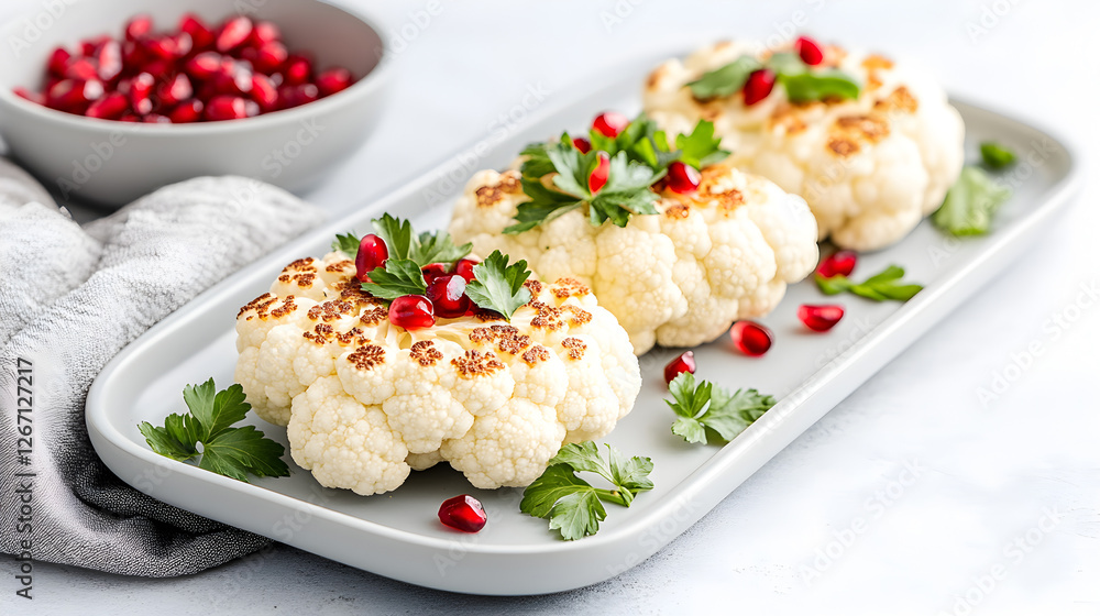 Vegan roasted cauliflower with a touch of char and bright pomegranate seeds. Excellent for wellness food brands, catering promotions, or gourmet meal inspiration. Selective focus Vegan roasted cauliflower with a touch of char and bright pomegranate seeds. Excellent for wellness food brands, catering promotions, or gourmet meal inspiration. Selective focus