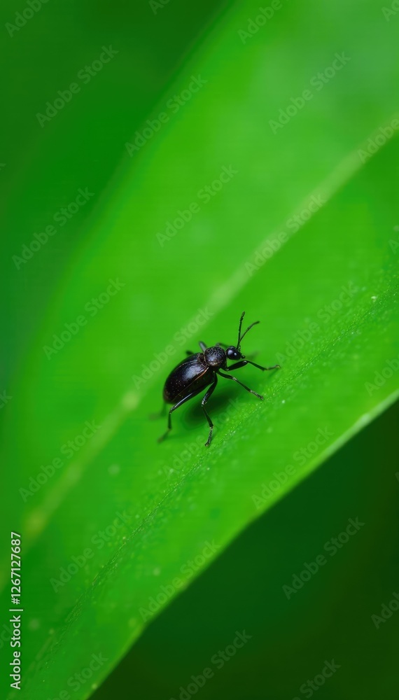 Small dark insect crawling on a green leaf surface, leaf Small dark insect crawling on a green leaf surface, leaf
