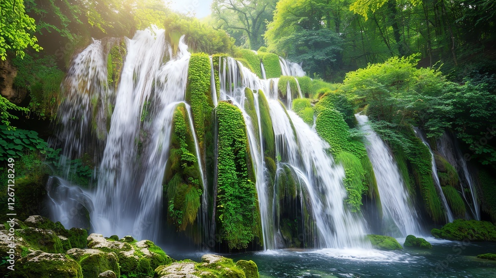 Fototapeta premium A cascading waterfall in a lush green forest.