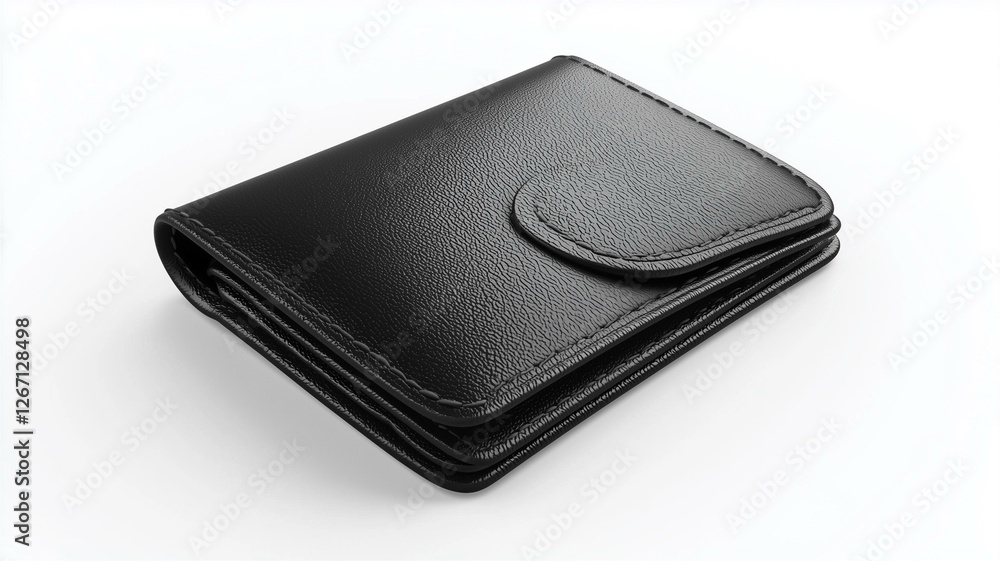 Photorealistic image of a black leather coin wallet with a snap closure, isolated on a white background
Photorealistic image of a black leather coin wallet with a snap closure, isolated on a white background