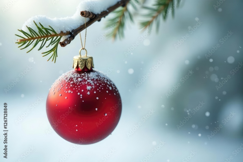 Ornament on a branch against a snowy white background, simple, charming, elegant Ornament on a branch against a snowy white background, simple, charming, elegant