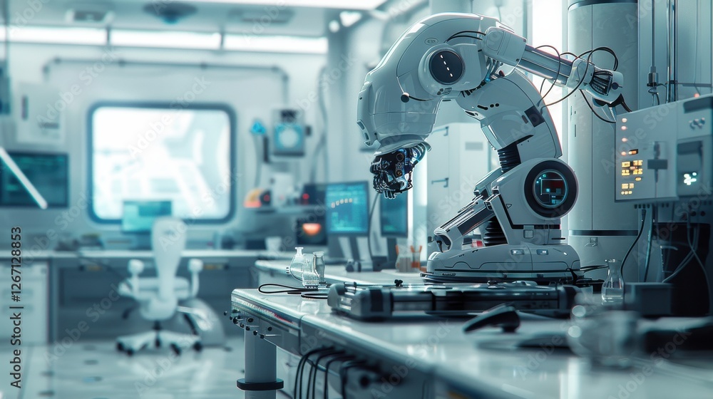 Advanced Robotic Arm in a Modern Industrial Workspace with High-Tech Equipment and Sleek Design Advanced Robotic Arm in a Modern Industrial Workspace with High-Tech Equipment and Sleek Design