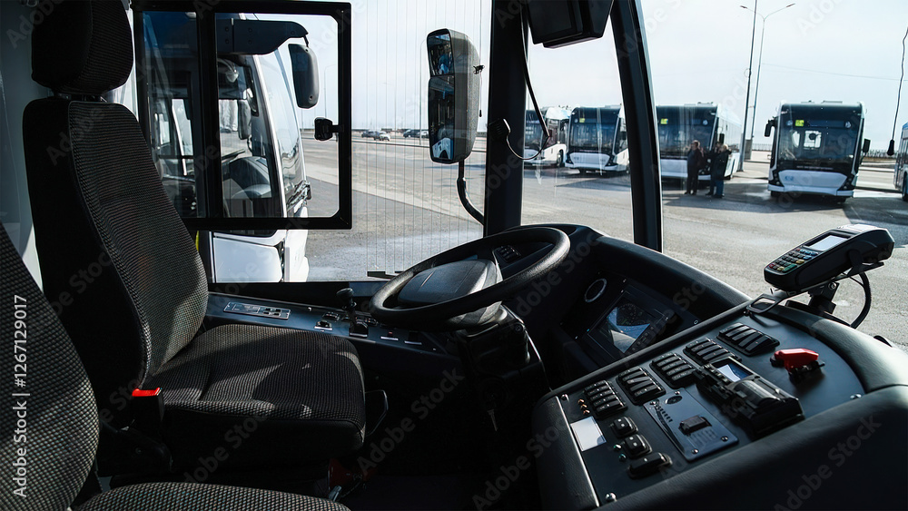 Fotografie View professional driver's cab in the modern bus.